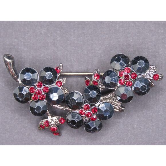 Floral Black Metal Brooch Pin With Red Rhinestone Flowers in Gift Box - Picture 2 of 4